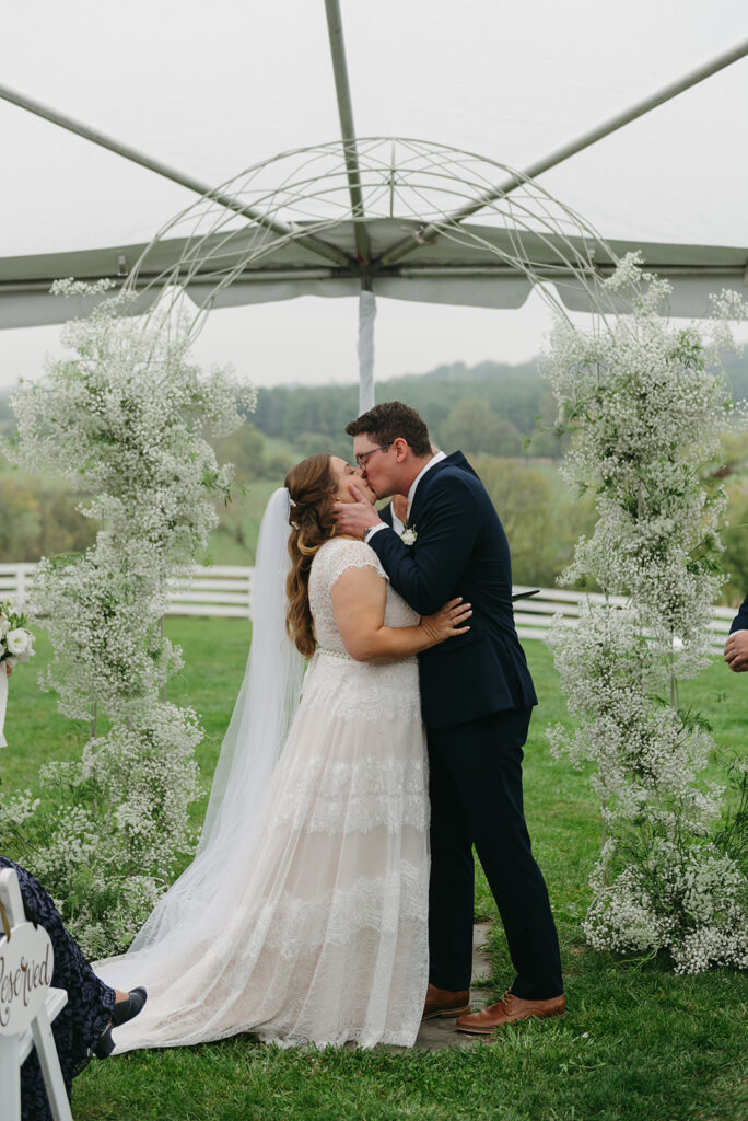 whimsical intimate wedding ceremony outdoors on the blue hill farm property