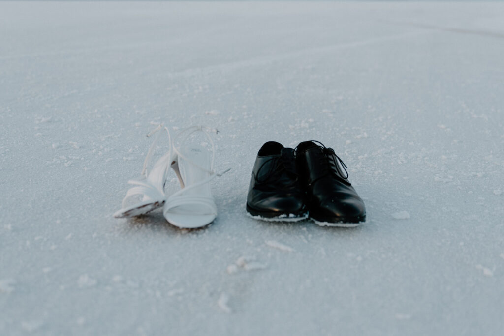 elopement shoes on the salt flat surface