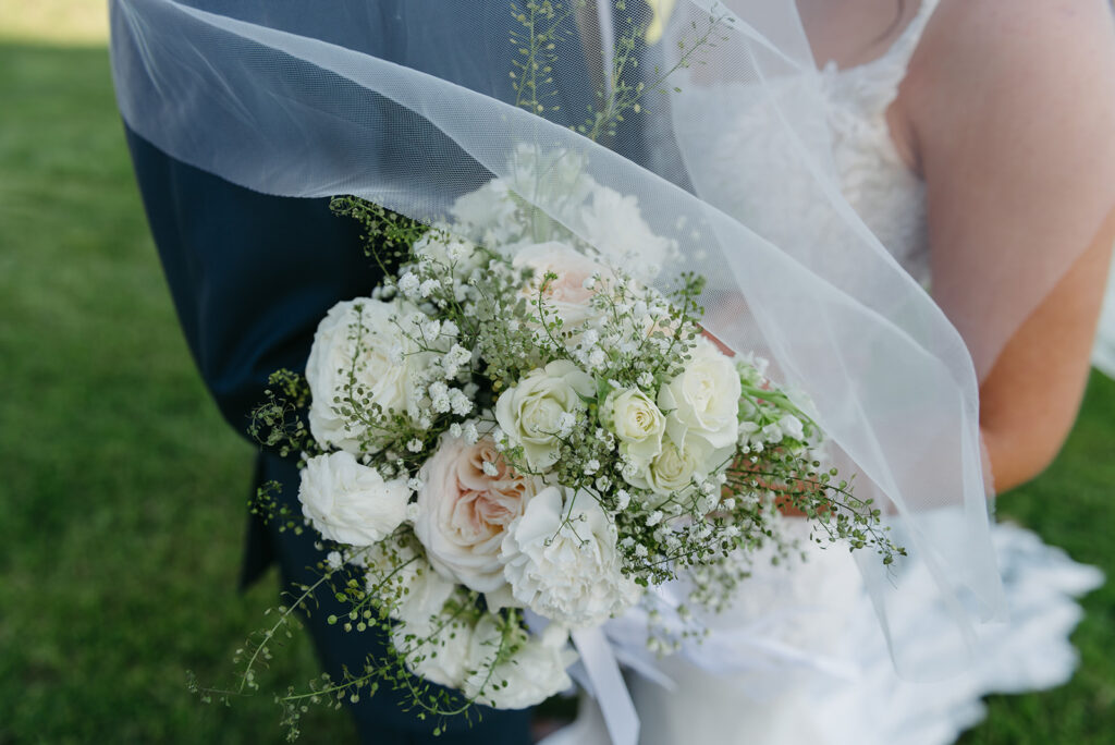 close up of white and neutral wedding bouquet