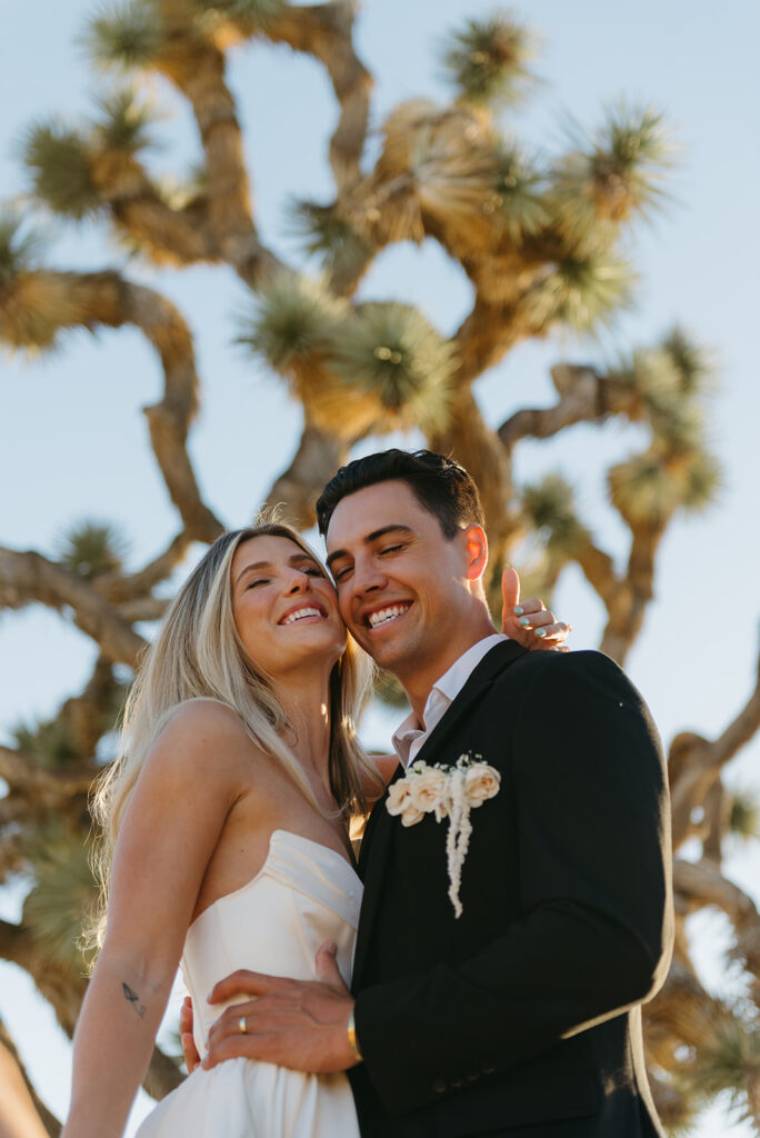 romantic elopement couple with a groovy joshua tree in the background