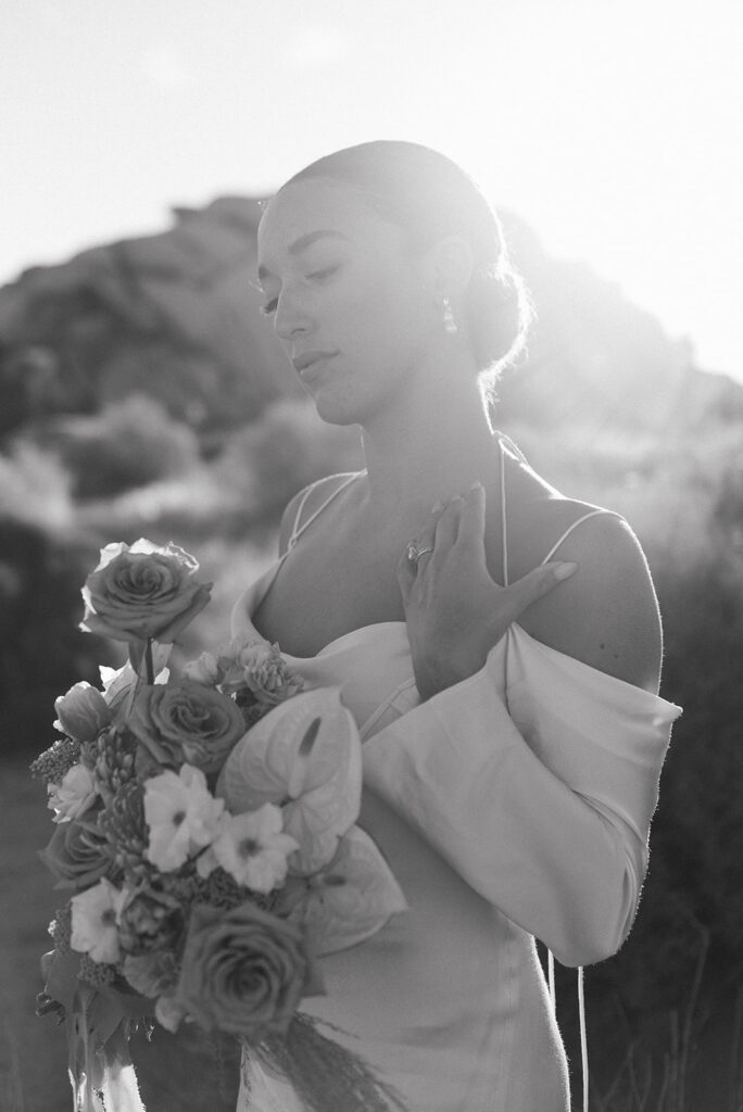 black and white bridal portrait in joshua tree