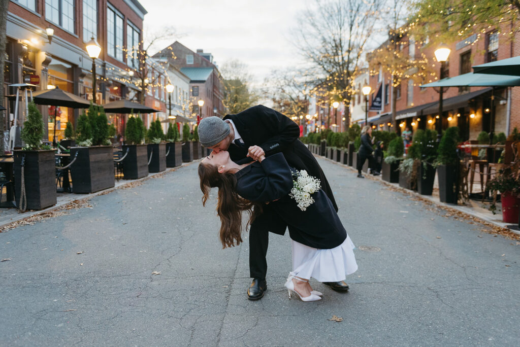 dip kiss during a winter elopement in old town alexandria
