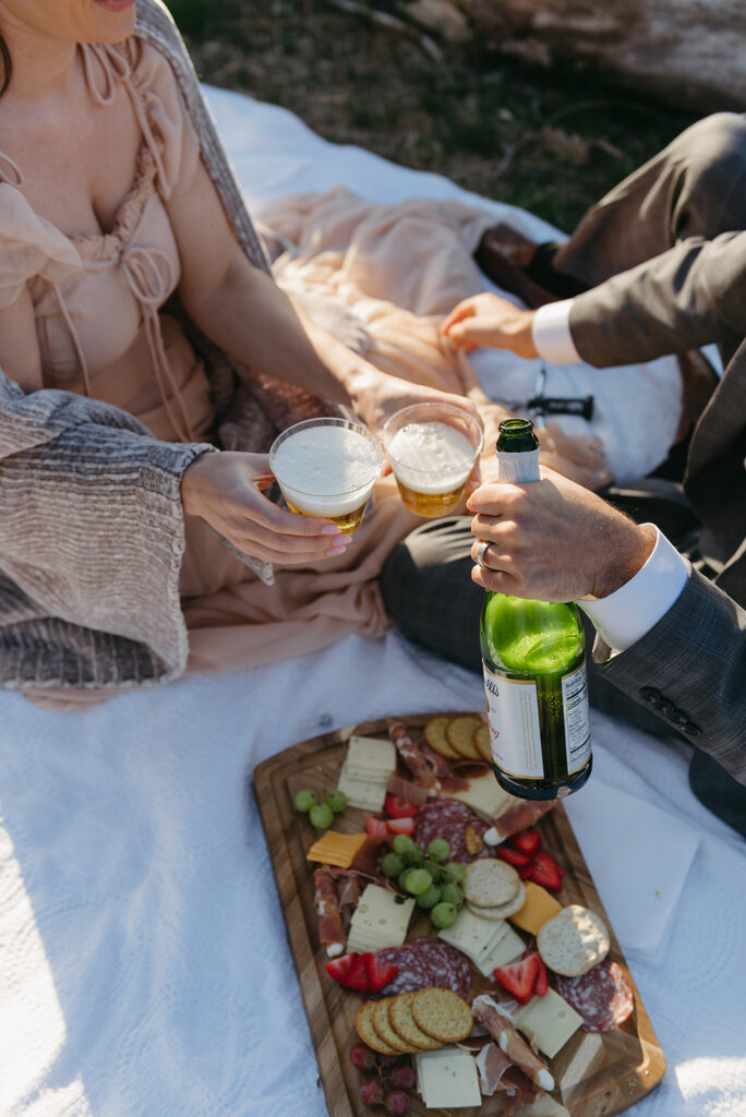 cute elopement picnic set up during golden hour at shenandoah national park